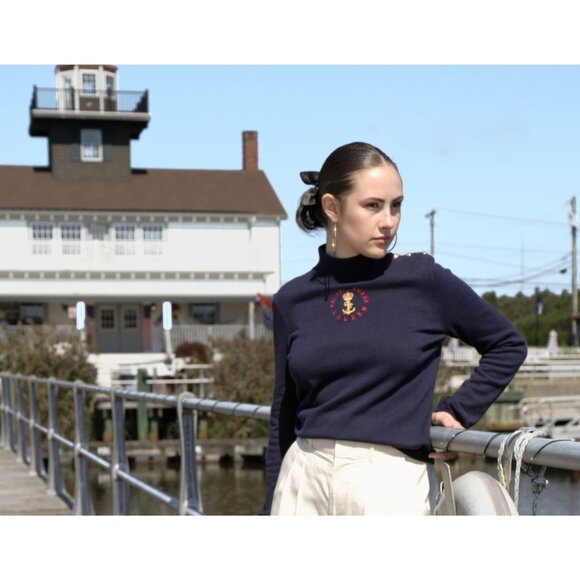 Vintage Lauren Ralph Lauren Navy Mock Neck Emblem Top 90s / 00s Size S - Picture 1 of 6